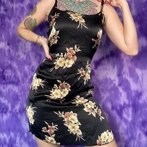 90s y2k Black floral 90s satin mini dress with tie waist